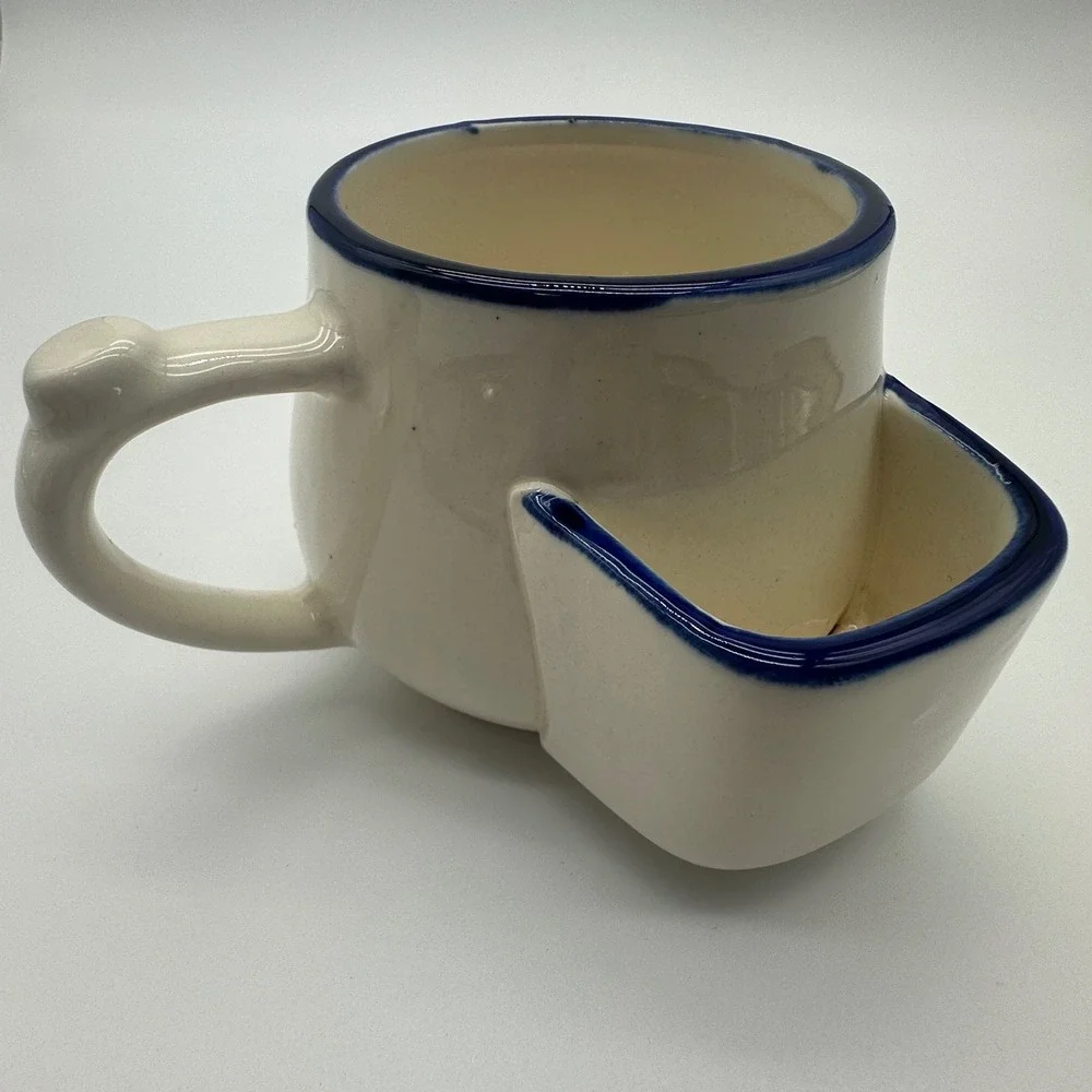 Vintage Ceramic Shaving Cream Mug with Side Brush Pocket Blue Rim Cream Pottery